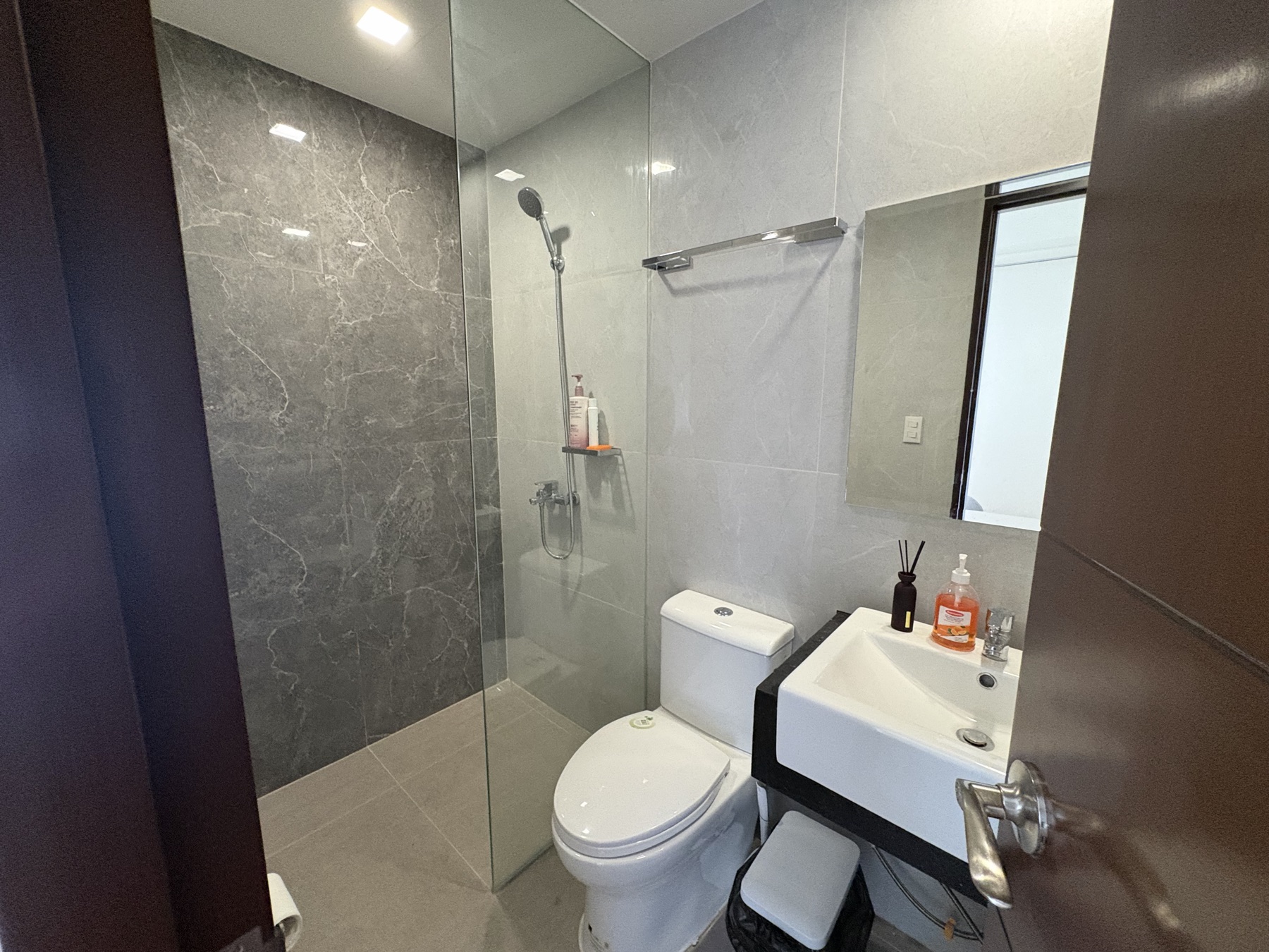 Ensuite bathroom off the primary bedroom of the DAYON TA condo, with a grey stone shower behind glass